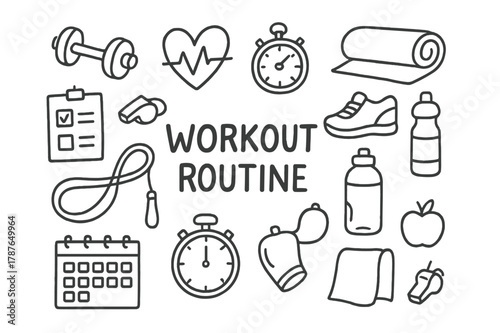 Workout Essentials Doodle. Workout routine. Hand-drawn doodle illustration workout routine dumbbells, barbell, stopwatch, mat, shoes, heartbeat, jump rope,