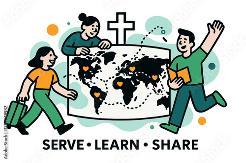 Global Mission Map. Global Mission Map. A gentle cross icon sits above a world map with dotted flight paths; small hearts mark partner communities. Text reads