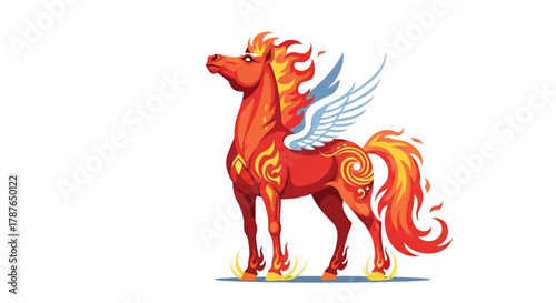 Vibrant illustration of a majestic fiery winged horse, a mythical creature with glowing hooves and intricate flame patterns.