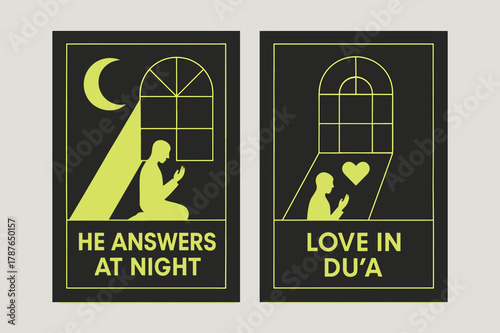 Night Prayers Banners. Night Prayers. Two vertical A6 banners with safe margins, centered composition, no elements touching edges, geometric, charcoal and neon