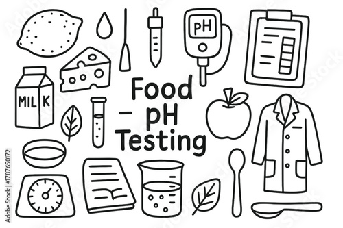 Food pH Testing Icons. Food pH testing. Hand-drawn doodle illustration Food pH testing lemon, milk carton, cheese slice, test tube, droplet, probe, digital