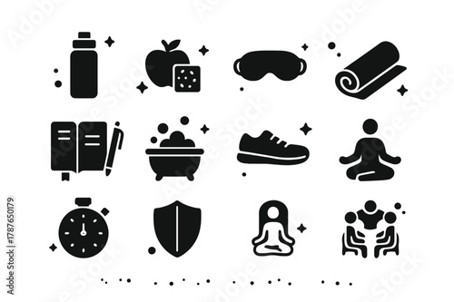 Support Icons Collection. Self-care for supporters. Solid icons set of Self-care for supporters: water bottle, healthy snack, sleep mask, yoga mat, journal,