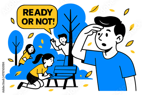 Park Hide and Seek. Hide and Seek in the Park. Kids scatter behind trees and benches; a playful ?Ready or not!? tag floats as leaves swirl like confetti. A