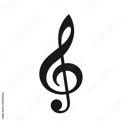 Black treble clef on white background, single isolated shape. Isolated treble clef represents a fundamental music symbol, often associated with melody, pitch, and musical notation.