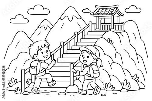 Mountain Shrine Adventure. Mountain shrine hike children?s coloring book illustration, outlined drawing, kids climbing gentle steps with railings toward a tiny