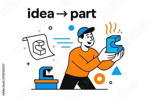 Rapid Idea Transformation. Rapid Prototyping. A designer holds a warm, fresh print while a sketch morphs into the object; caption reads ?idea > part?. Velocity