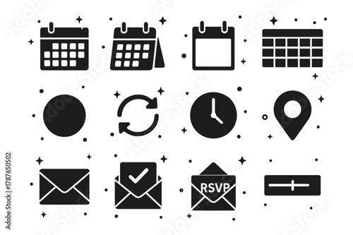 Calendar Icons Set. Calendar and Scheduling. Solid icons set of Calendar and Scheduling: wall calendar, desk calendar, date tile, weekly planner, monthly grid,