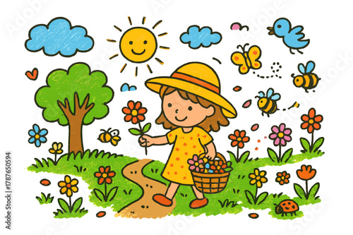 Collecting Blooms. collecting blooms. Colorful Hand-drawn doodle Children illustration collecting blooms girl, basket, flowers, grass, sun, butterfly, tree,