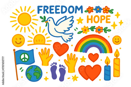Joyful Symbols of Hope. Freedom and hope. Colorful Hand-drawn doodle Children illustration Freedom and hope flying dove, sunrise, raised hands, rainbow, open