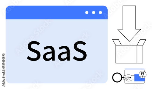 SaaS application interface, download arrow pointing to a box, hand holding user subscription card with magnifier. Ideal for cloud computing, SaaS, user subscription, innovation, e-commerce, digital