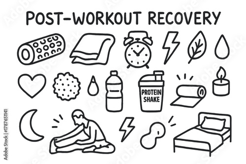 Post-Workout Recovery Essentials. Post-workout recovery. Hand-drawn doodle illustration Post-workout recovery foam roller, towel, massage ball, water bottle,