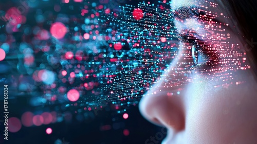 A close-up profile view of a woman's eye and nose, with a stream of glowing red and blue digital particles flowing towards it.
