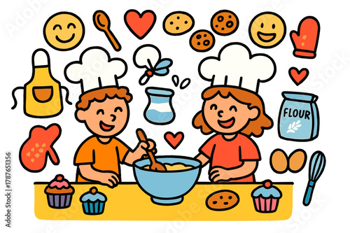 Joyful Cooking Doodles. Cooking together. Colorful Hand-drawn doodle Children illustration Cooking together chef hats, mixing bowl, spoon, cookies, apron, oven