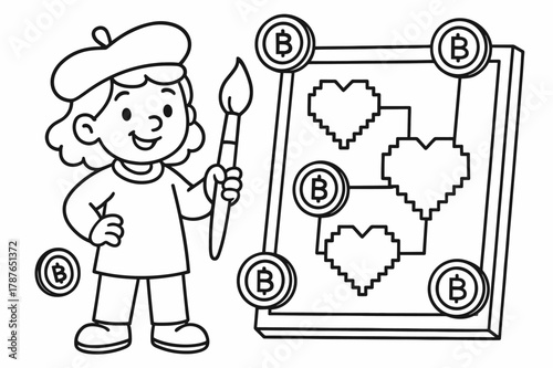 Blockchain Art Coloring. Blockchain art and cryptocurrency concepts children?s coloring book illustration, outlined drawing, a smiling artist character holding