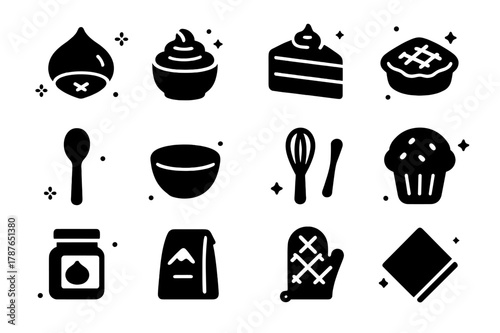 Chestnut Cuisine Icons. Chestnut Food and Baking. Solid icons set of Chestnut Food and Baking: roasted nut, chestnut puree, cake slice, pie, spoon, mixing