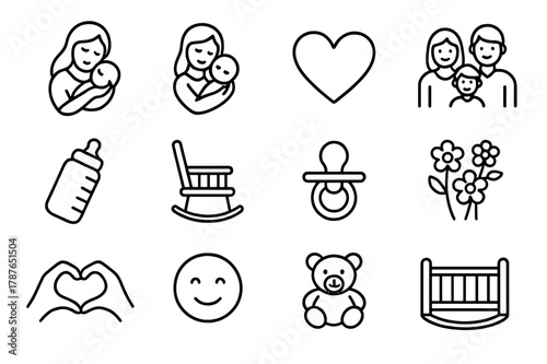 Mom's Affection Icons. Mom?s affection. Line icon set of mom?s affection: mother holding baby, hug, heart, family, baby bottle, rocking chair, pacifier,