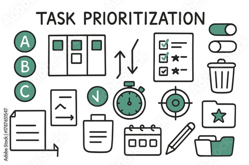 Task Prioritization Doodles. // Task prioritization. Hand-drawn doodle illustration Task prioritization [A/B/C labels (accented), kanban board (accented),