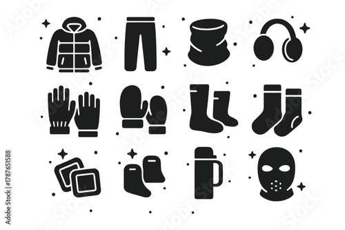 Winter Gear Icons. Winter outdoor activity warmth. Solid icons set of Winter outdoor activity warmth: ski jacket, insulated pants, neck gaiter, ear warmers,