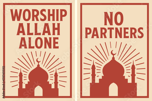 Retro Mosque Banners. Worship Alone. Two vertical A6 banners with safe margins, centered composition, no elements touching edges, retro, red and beige, mosque