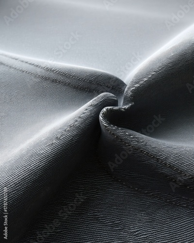 A detailed, abstract close-up of dark grey fabric, showcasing its woven texture, folds, and stitching under soft light.