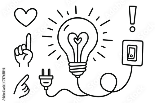 Doodled Light Bulb Icons. Light bulb. Hand-drawn doodle illustration light bulb glowing bulb, filament, idea symbol, spark lines, plug, switch, socket, wire,