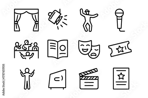Musical Theater Icons. Musical Theater. Line icon set of Musical Theater: stage curtain, spotlight, dancing actor, microphone, orchestra pit, script book, mask