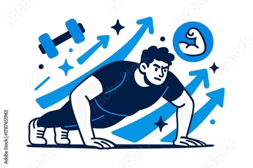 Dynamic Workout Motivation. Workout motivation. Individual doing push-ups with abstract floating arrows, icons, and sparkles; conveys strength, determination,