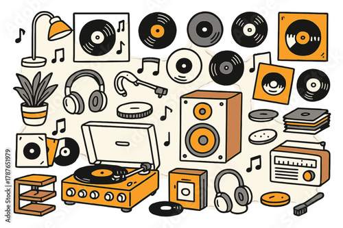Retro Music Haven. Retro sound. Hand-drawn doodle illustration record player (colored), vinyl records (colored), turntable (colored), speaker (colored), record