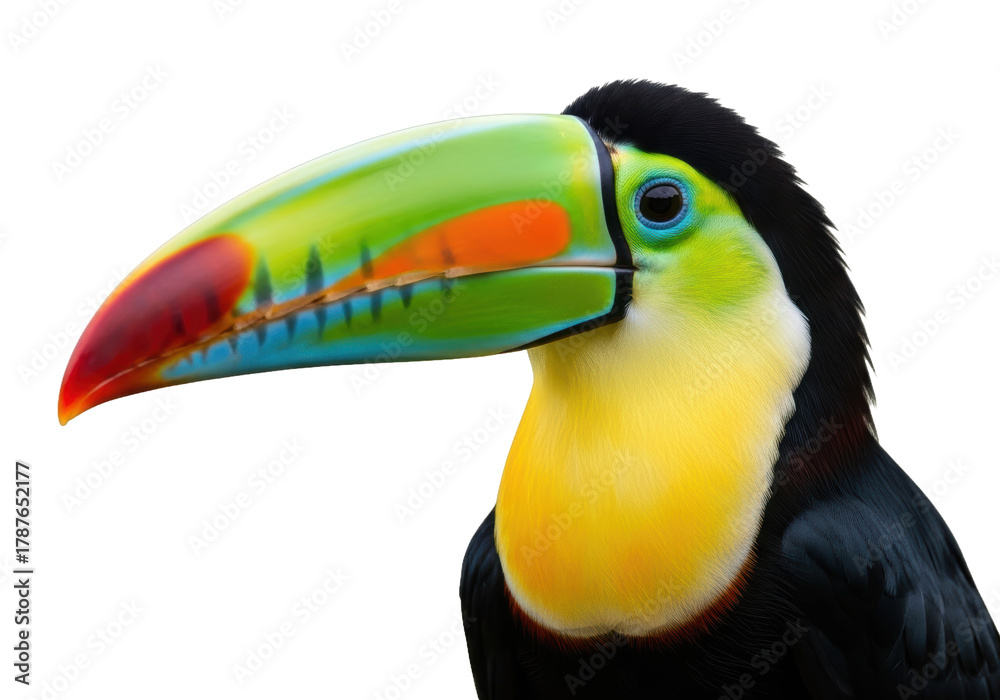 Naklejka premium Stunning close-up of a vibrant toucan's head showcasing its iconic colorful beak and bright plumage, perfect for nature and travel themes.