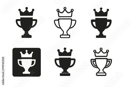 Championship Trophy Variations. Championship trophy. Set Logo of Championship trophy: Crown over trophy. Icon set. harmonious logo variations of the same