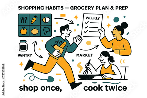 Dynamic Grocery Planning. Shopping Habits ? Grocery Plan & Prep. A minimal meal grid links to a weekly list; arrows flow from pantry > market > table. Caption