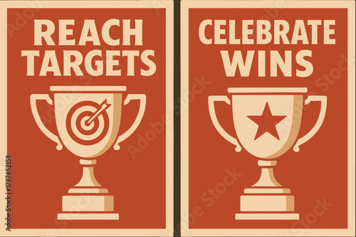Retro Achievement Banners. # ACCOMPLISHMENT. Two vertical A6 banners with safe margins, centered composition, no elements touching edges, retro, red and beige,