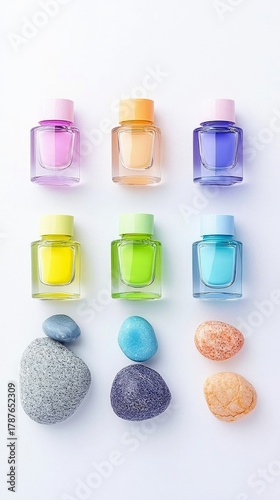 Six small glass bottles of nail polish in various bright colors are neatly arranged in two rows of three on a clean white surface, with decorative stones placed
