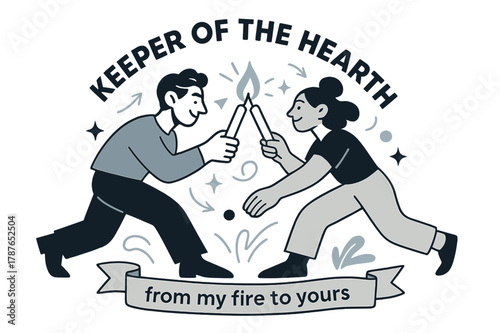 Passing the Flame. Keeper of the Hearth ? Passing the Flame. Two figures touch candles tip-to-tip; a soft spark bridges the light. Ribbon reads ?from my fire