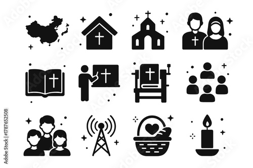 Christianity in Asia Icons. Christianity in Asia. Solid icons set of Christianity in Asia: Asia map, house church, cathedral cross, missionary