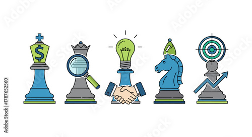 Business Strategy Chess Piece Icons Vector Art – Corporate Planning Symbols, Leadership Concept, and Strategic Management Design Elements
