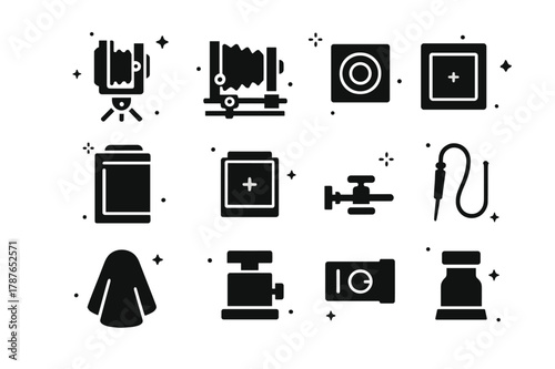 Large Format Camera Icons. Large Format Cameras. Solid icons set of Large Format Cameras: field camera, monorail camera, bellows, lens board, sheet film