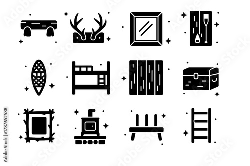 Rustic Reclaimed Wood Icons. Cabin and lodge decor with reclaimed wood. Solid icons set of Cabin and lodge decor with reclaimed wood: log mantel, antler coat