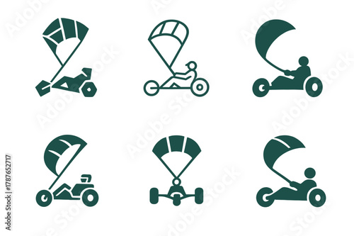 Kite Buggy Logos. Kite buggy. Set Logo of Kite buggy: traction kite towing sand buggy. harmonious logo variations of the same emblematic concept, each with