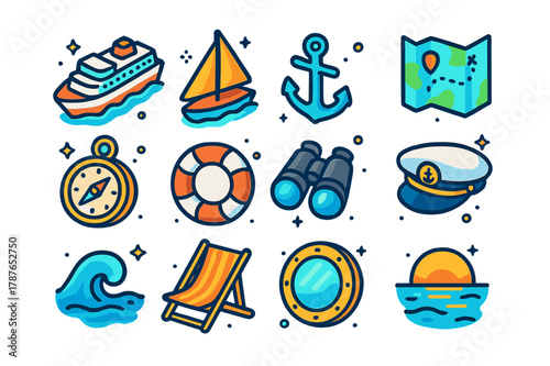 Ocean Travel Icons. Ocean travel. Colorful isometric vector icons set of ocean travel: cruise ship, sailboat, anchor, map, compass, lifebuoy, binoculars,