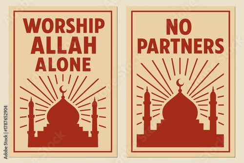 Retro Mosque Banners. Worship Alone. Two vertical A6 banners with safe margins, centered composition, no elements touching edges, retro, red and beige, mosque