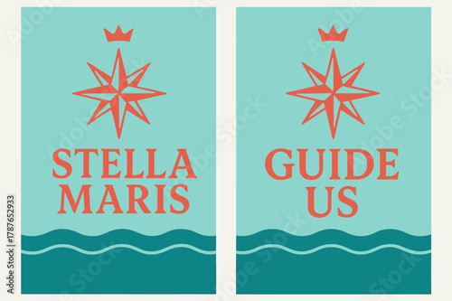 Stella Maris Banners. Star of the Sea. Two vertical A6 banners with safe margins, centered composition, no elements touching edges, modern, turquoise and