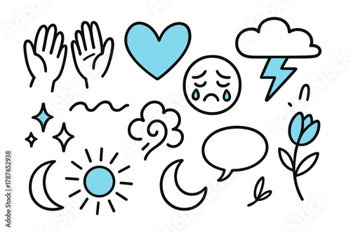 Expressive Doodle Icons. // Emotional expression. Hand-drawn doodle illustration Emotional expression [hands (accented), heart (accented), face with tears