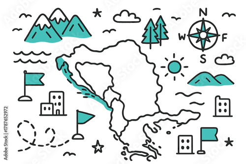 Balkans Geography Doodle. // Balkans geography. Hand-drawn doodle illustration Balkans geography [peninsula map (accented), mountains (accented), coastline