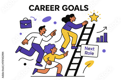 Career Vision Board. Vision Board ? Career Goals. A tidy ladder leans toward a glowing goal star; caption ?Next Role? pins to a card. Minimal briefcase and