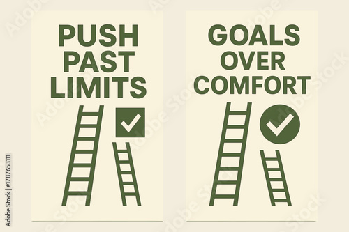 Geometric Inspiration Banners. Push past limits. Two vertical A6 banners with safe margins, centered composition, no elements touching edges, geometric, olive