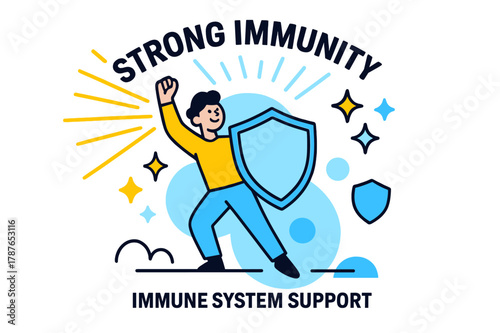 Radiant Immunity Shield. Immune System Support. Sunlight beams strike a figure surrounded by shield and sparkle icons. ?Strong Immunity? glows above subtle