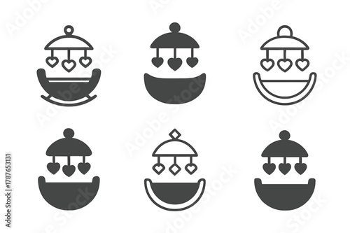 Newborn Care Logos. Newborn care. Set Logo of Newborn care: cradle with heart mobile. harmonious logo variations of the same emblematic concept, each with