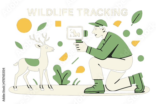 Nighttime Wildlife Monitoring. Wildlife Tracking. Night-time wildlife observation with infrared camera and floating abstract geometric shapes, careful and