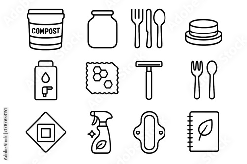 Zero Waste Icons. Zero waste lifestyle. Line icon set of zero waste lifestyle: compost bin, glass jar, reusable utensils, solid shampoo, refill station,